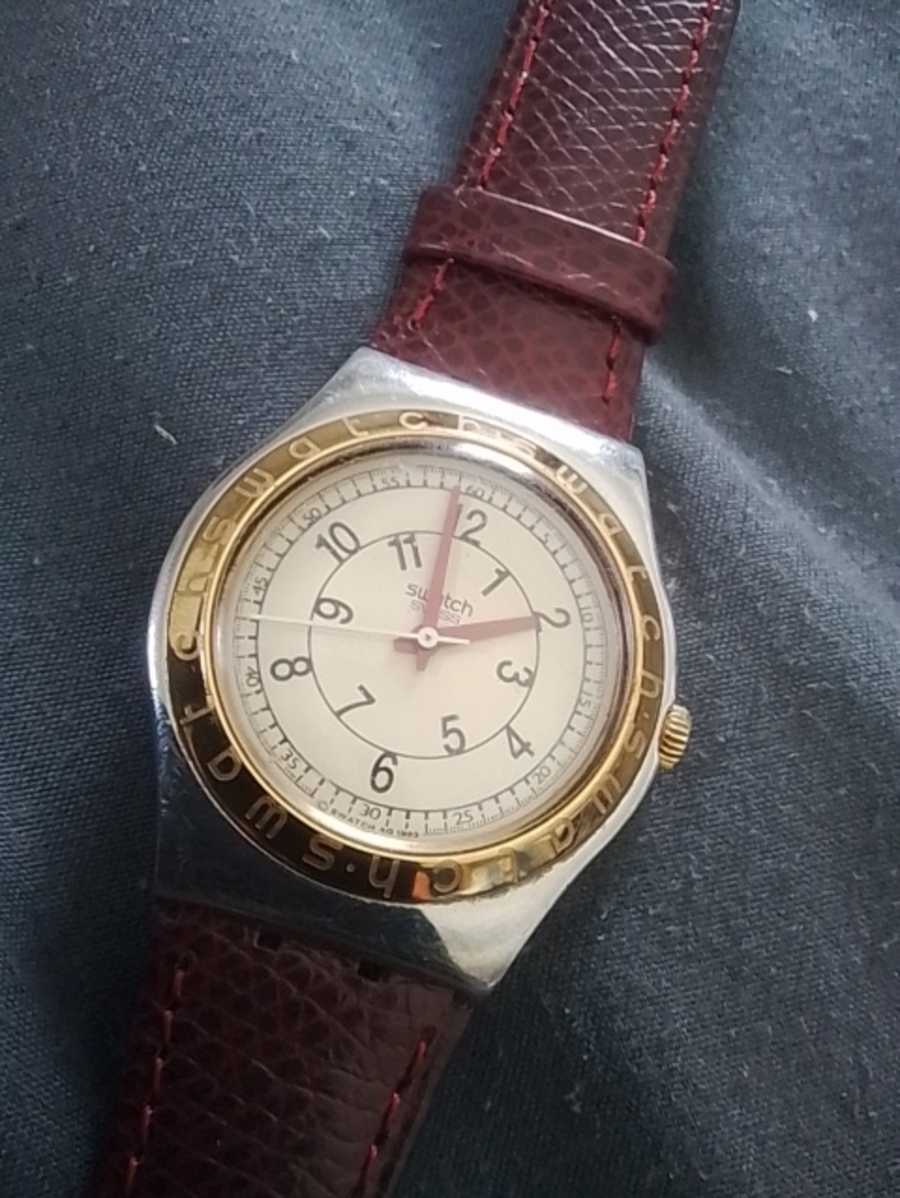 Swatch Cream Dial Watch with Burgundy Leather Strap  Swiss